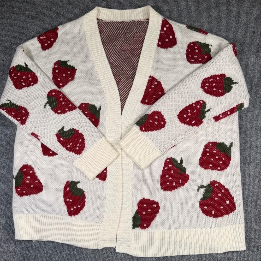 Strawberry Fruit AOP Knit White Red Cardigan Sweater Open Front Womens Medium